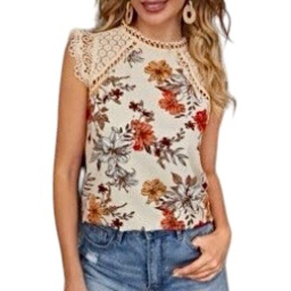 NEW SHEIN Cream Floral Crochet Lace Raglan Sleeve Tank Top size 6 Medium - Picture 1 of 6